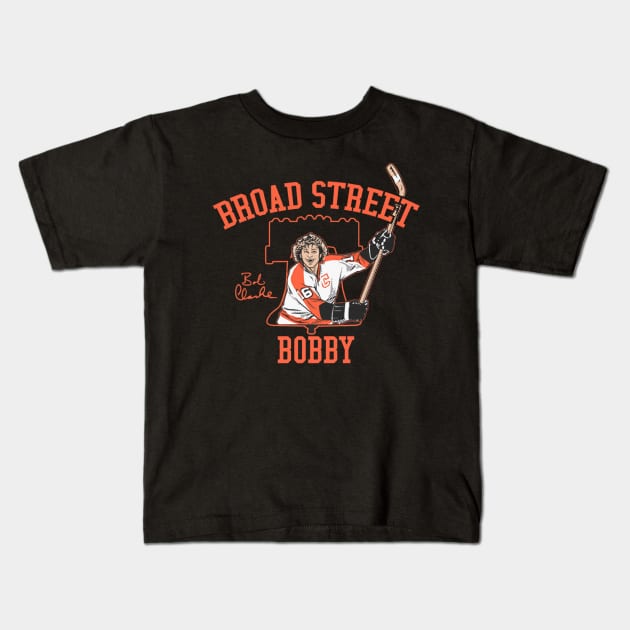 Bobby Clarke Broad Street Bobby Kids T-Shirt by stevenmsparks